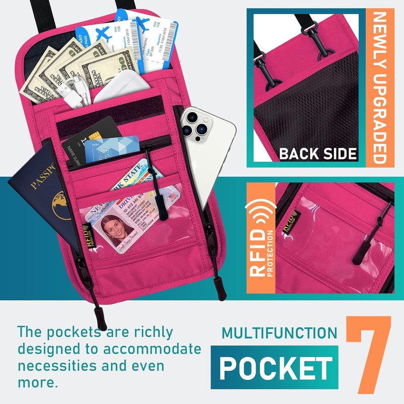 Sundee Travel Neck Wallet with Double Zippers, RFID Blocking Passport Holder with Adjustable Neck Strap for Men and Women to Keep Cash, Credit Cards and Travel Documents Safe - Rose Red - Image 2